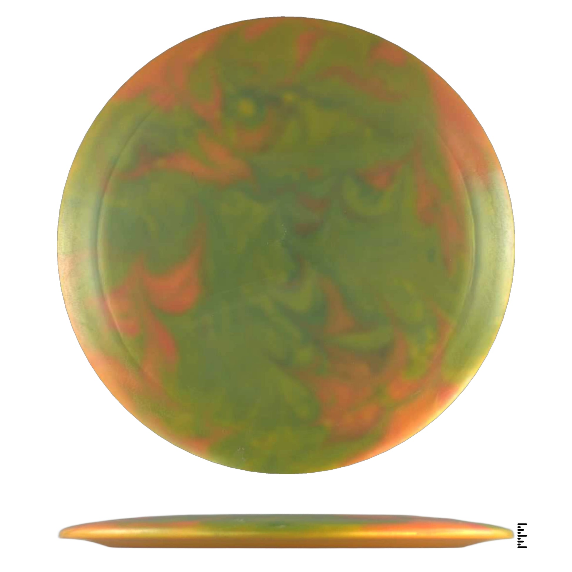 Green, orange, and yellow disc golf disc