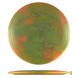 Green, orange, and yellow disc golf disc