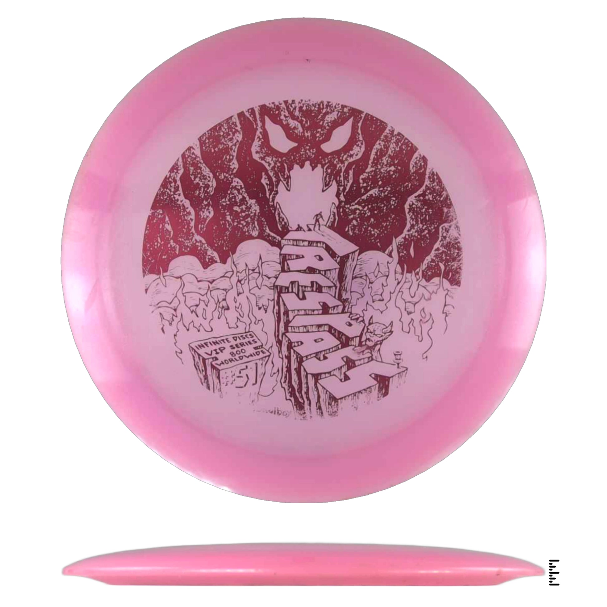 Pink disc golf disc with a monster graphic