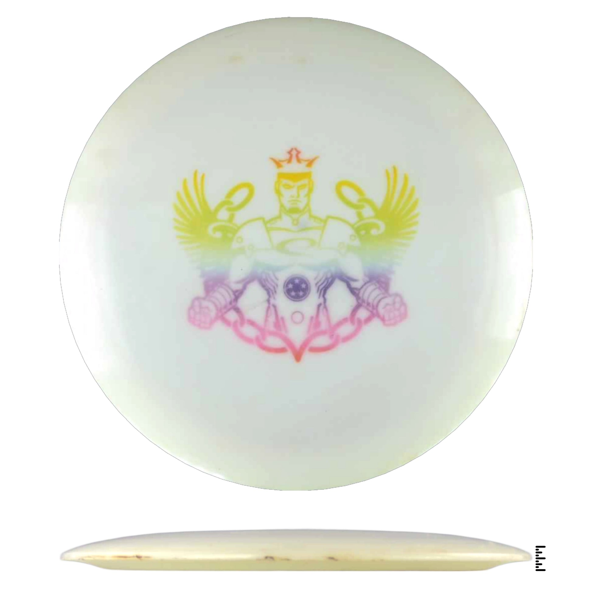Disc golf disc with colorful superhero graphic