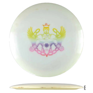 Disc golf disc with colorful superhero graphic