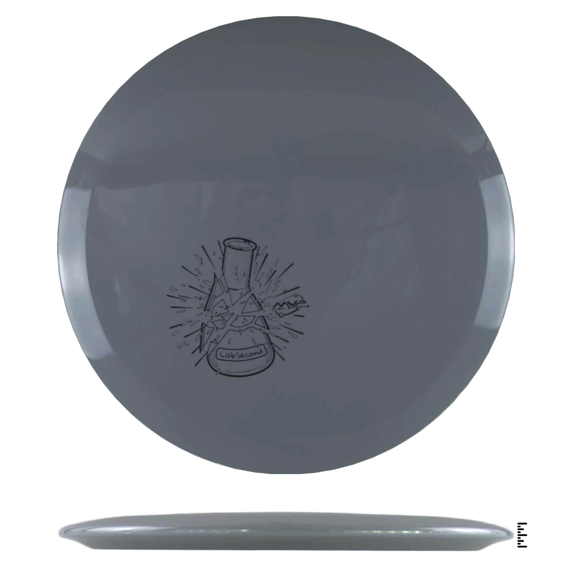 Gray disc golf disc with beaker graphic