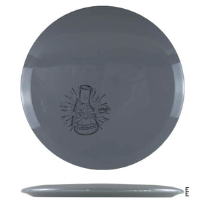 Gray disc golf disc with beaker graphic