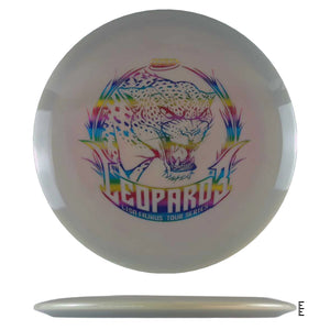 Leopard disc golf disc with rainbow leopard graphic