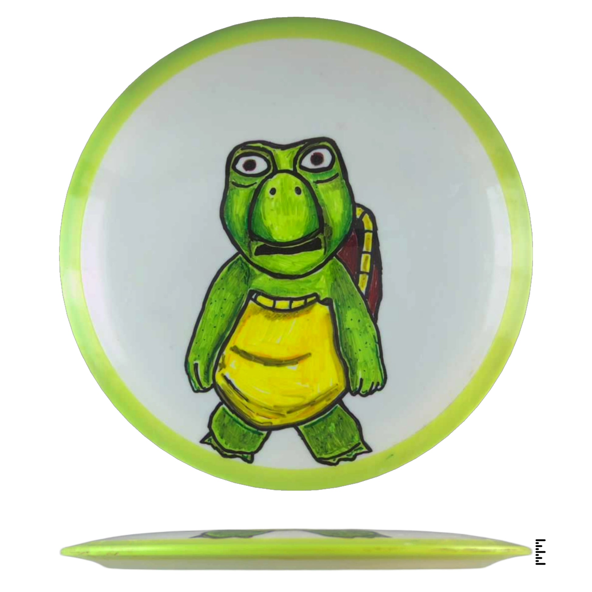Disc golf disc with cartoon turtle art.