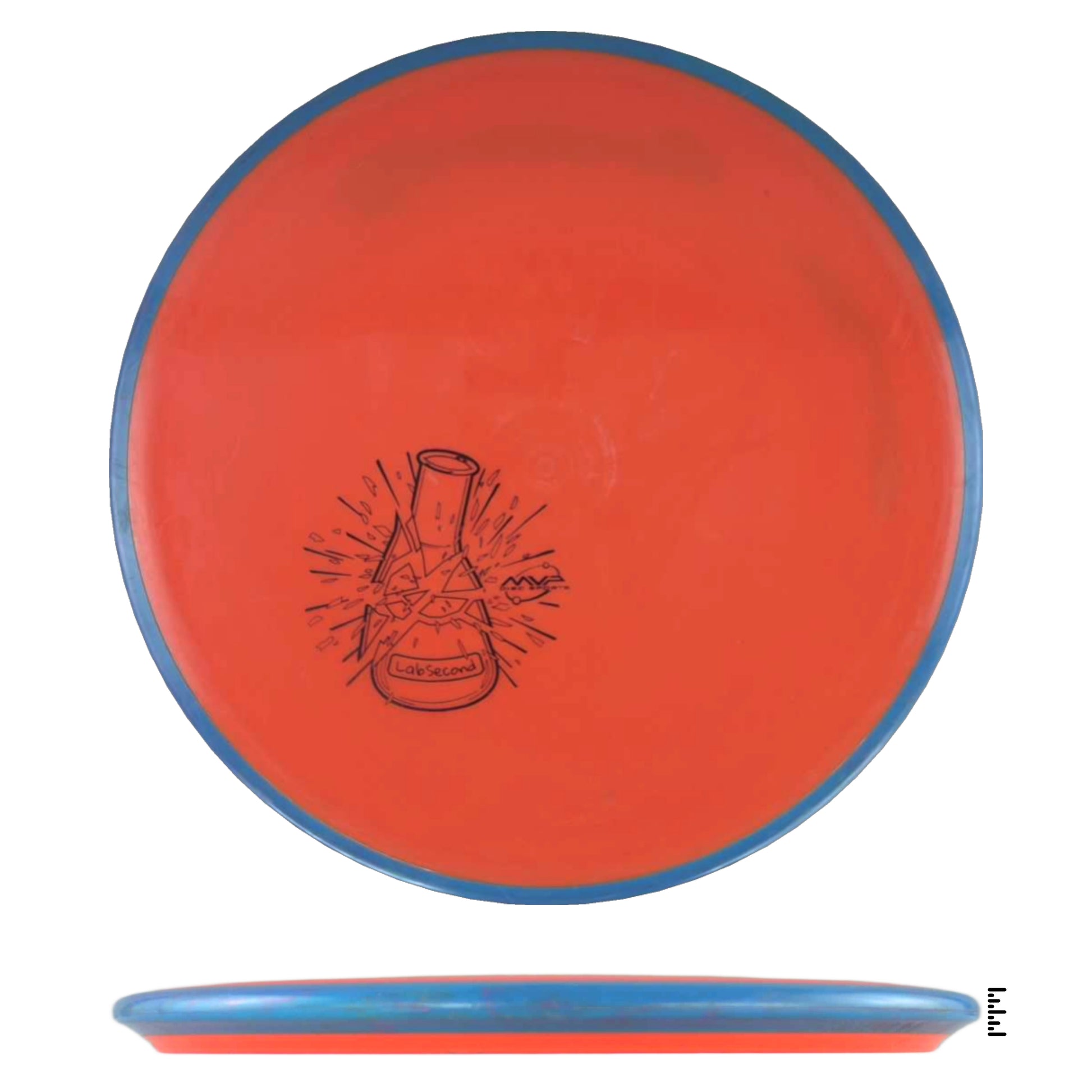 Orange disc golf disc with beaker graphic