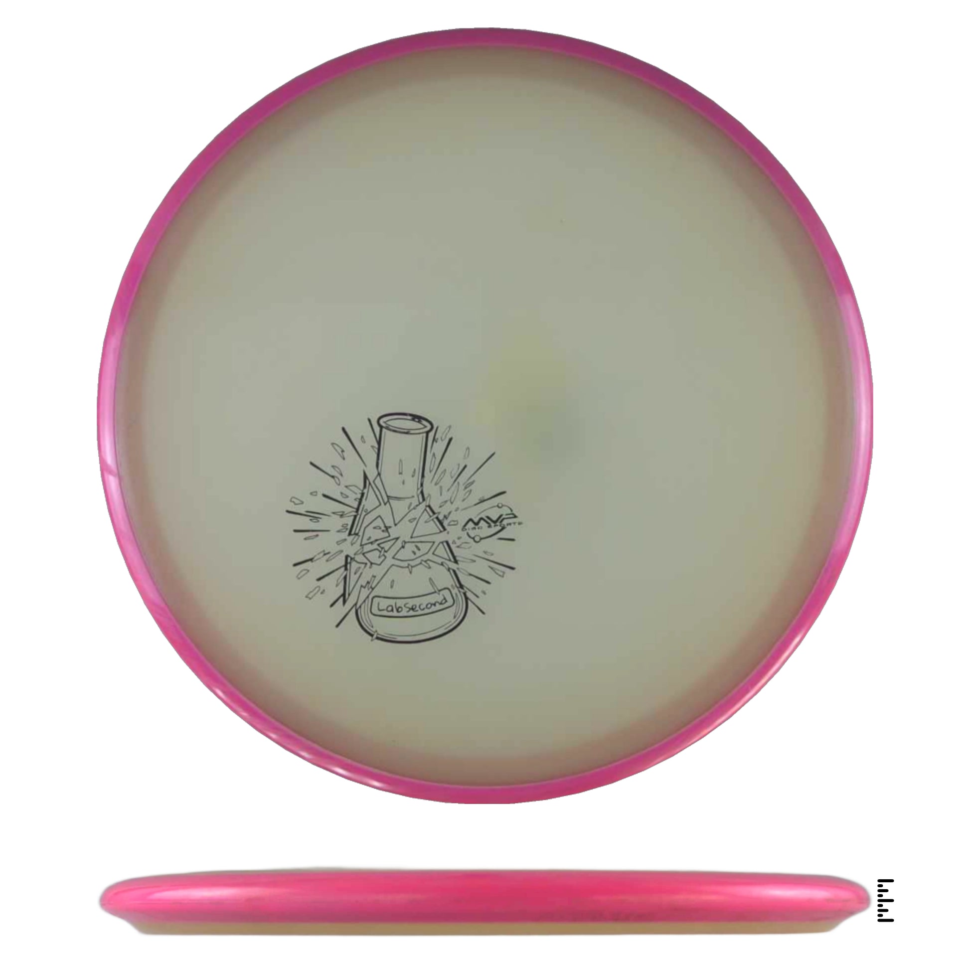Pink disc golf disc with beaker graphic