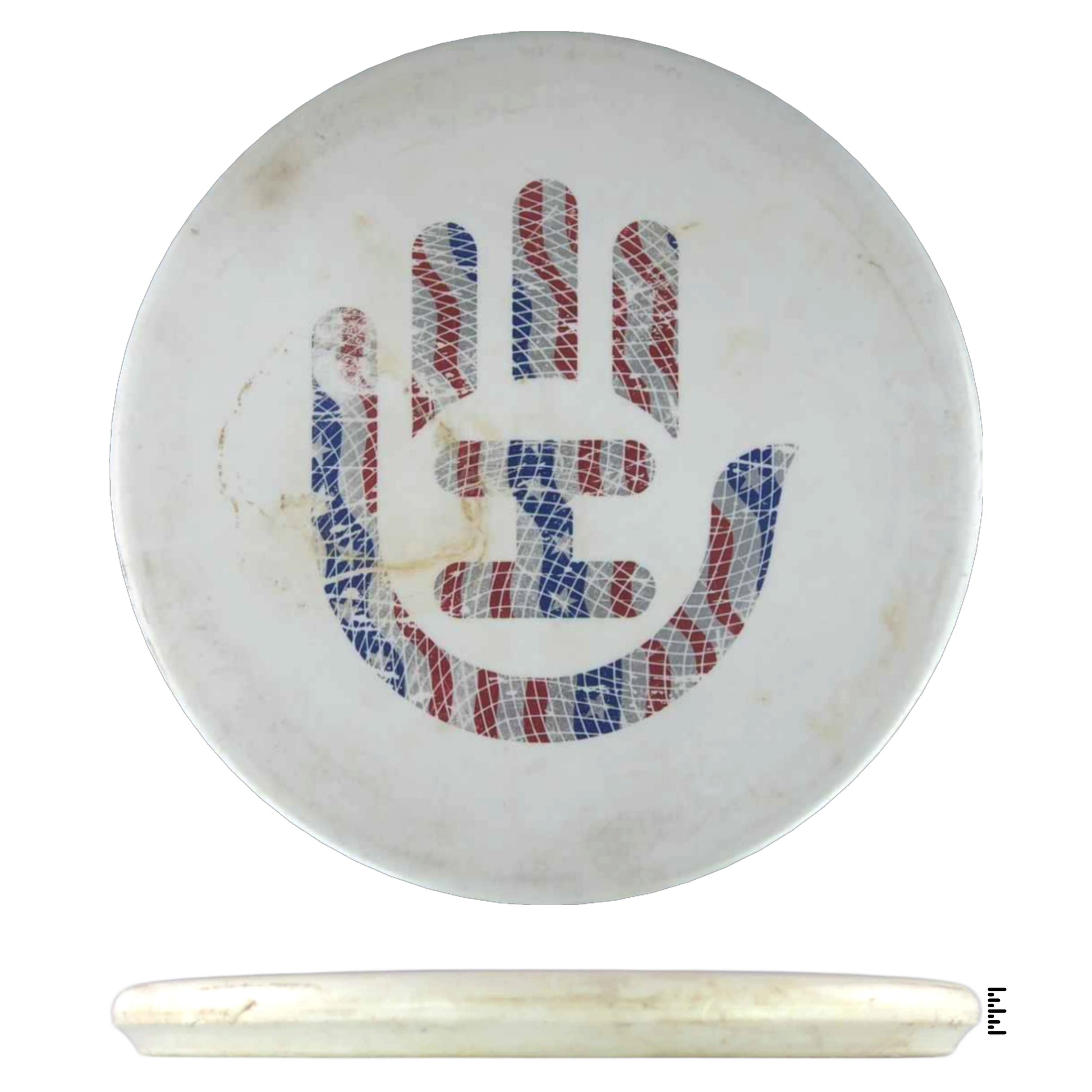 White disc golf disc with hand graphic