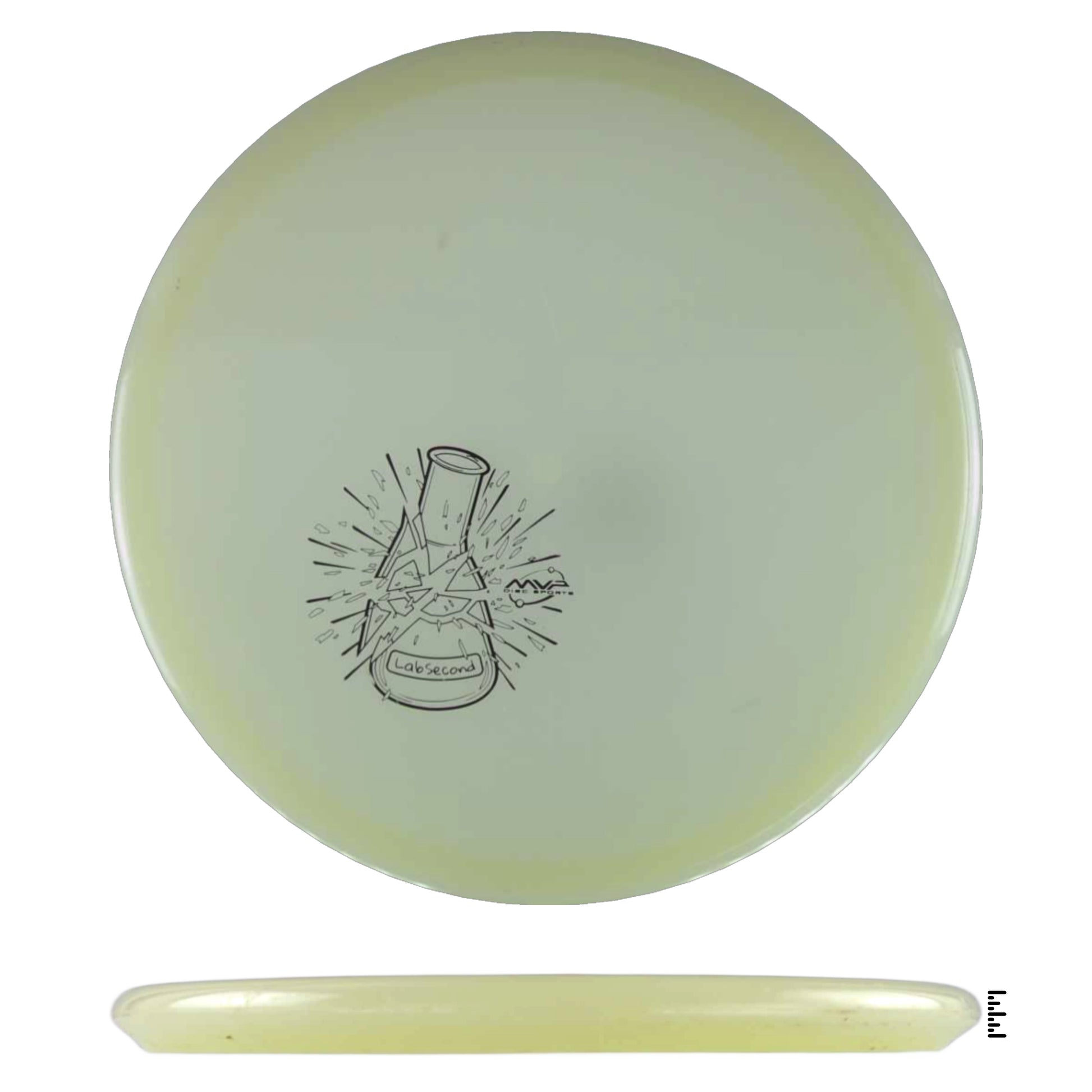 Disc golf disc with beaker graphic.