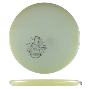 Disc golf disc with beaker graphic.