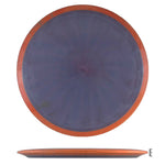 Disc golf disc with orange rim and blue center