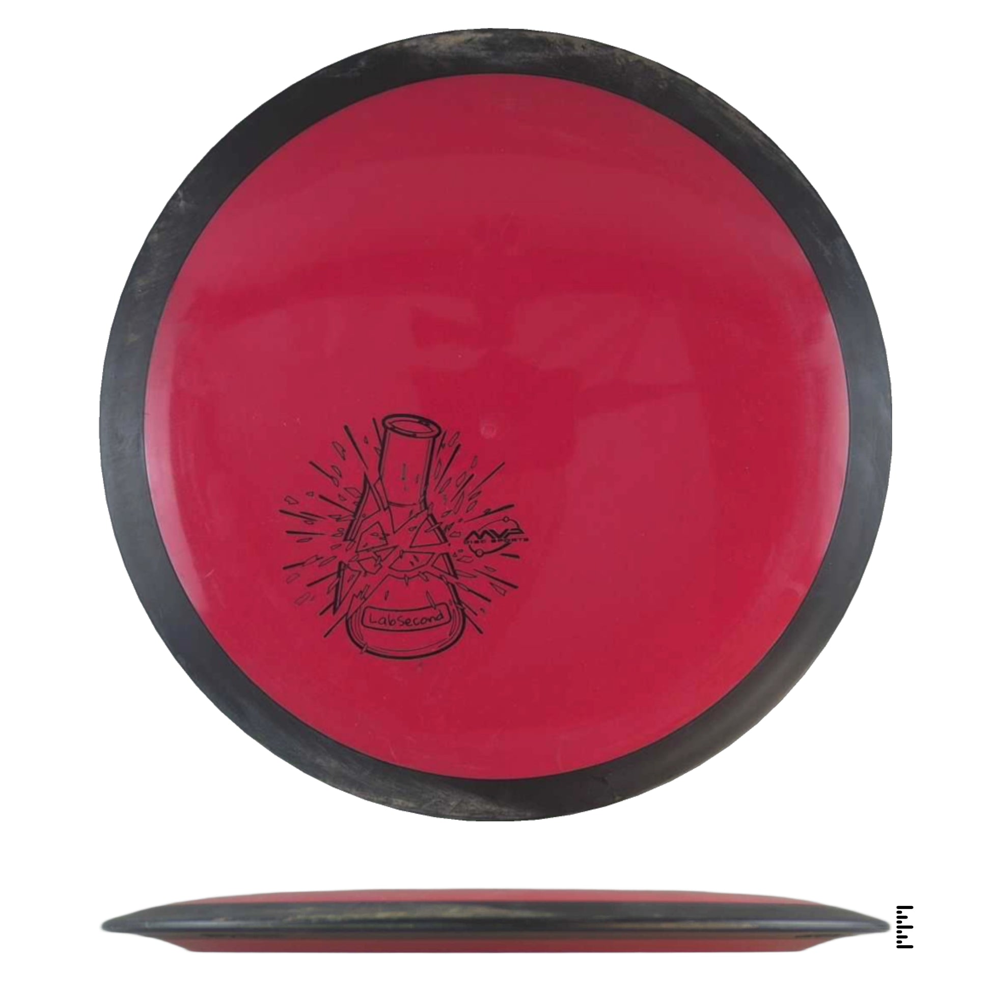 Red disc golf disc with beaker graphic