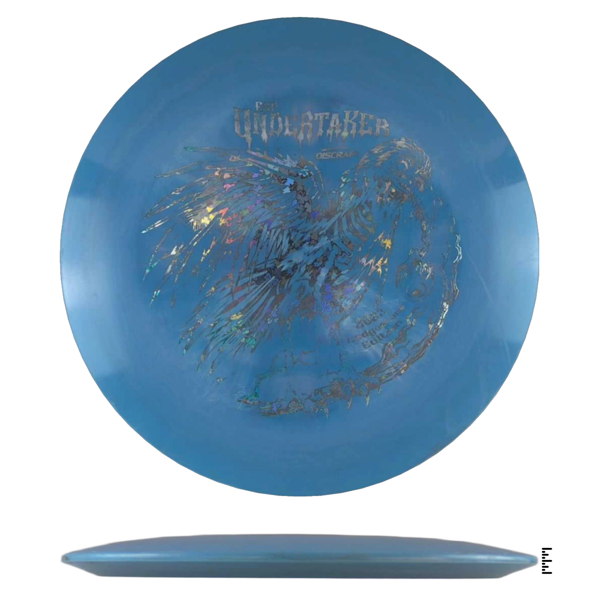 Blue disc golf disc with GHOULTAKER design.