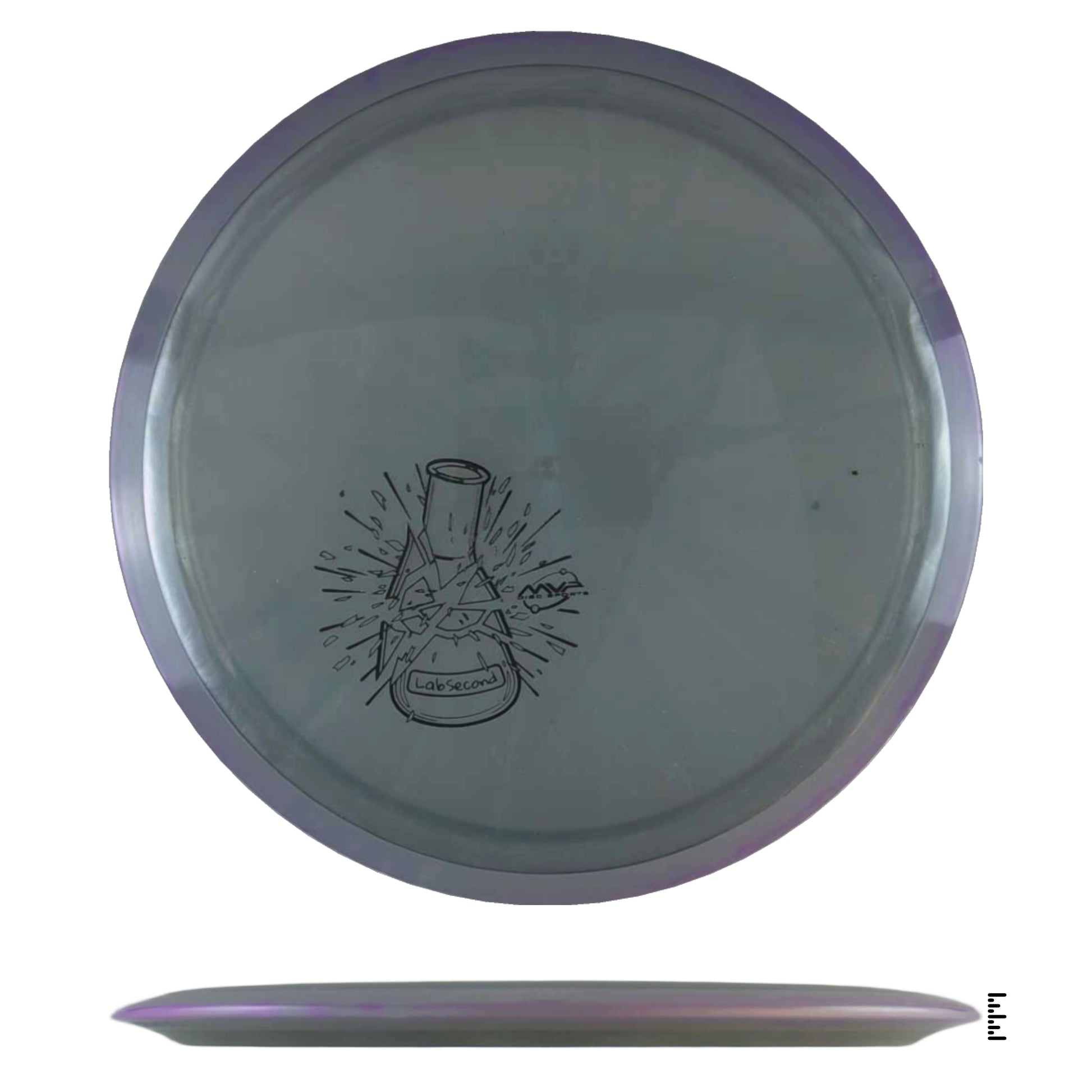 Disc golf disc with beaker graphic